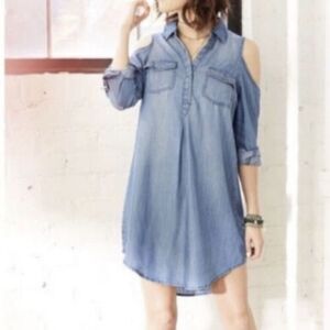 BILLY T Women’s Blue Cold Shoulder Denim Shirt Dress Size XS